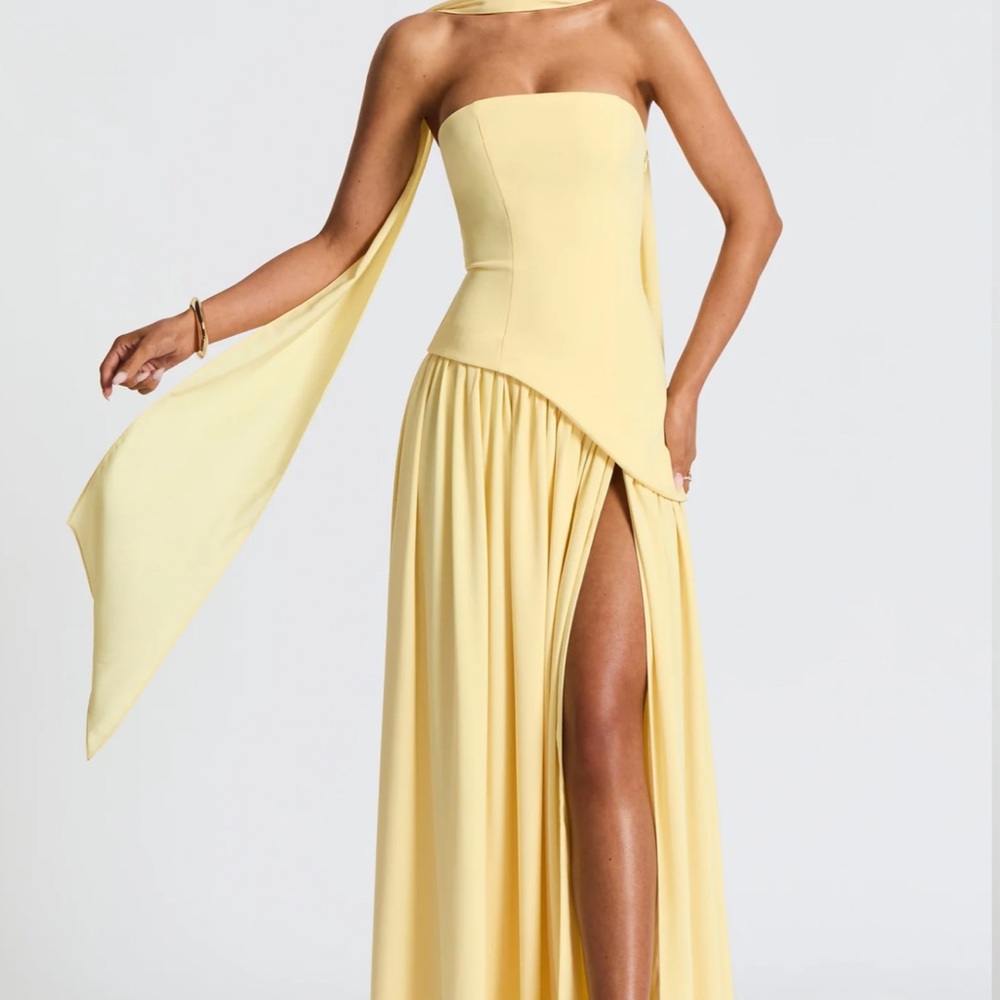 Strapless Yellow Maxi Dress with Side Slit